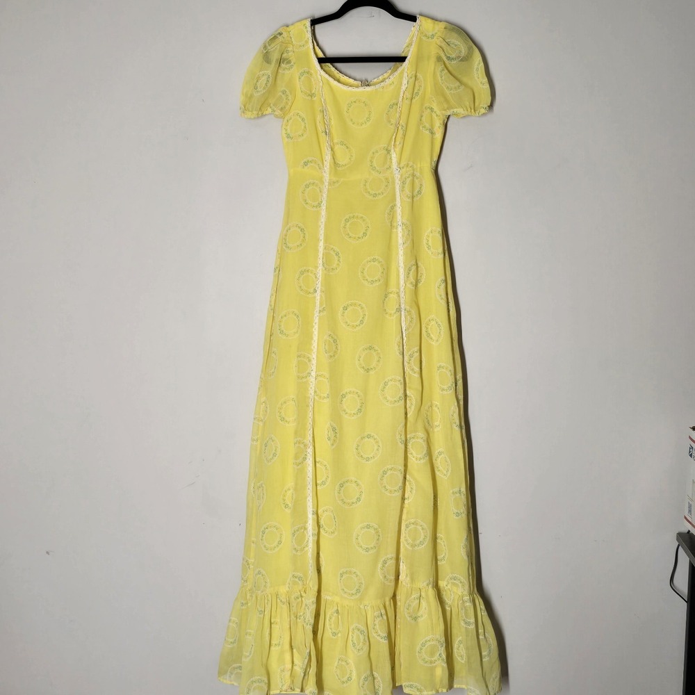 Vtg‎ Prairie Dress Yellow Floral Puff Sleeve Maxi Cottagecore JCPenney 70s Sz 10